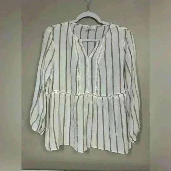 Fever White Babydoll Blouse XL Striped 3/4 Sleeve Coastal Preppy Lightweight - Picture 1 of 8